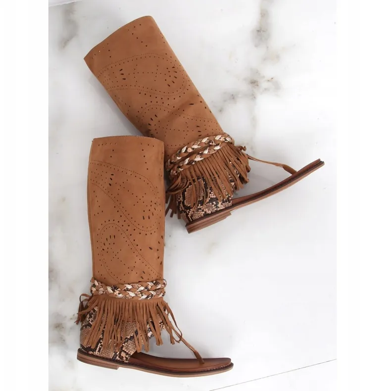 Boho teenslippers met camel NS130P Camel schacht bruin